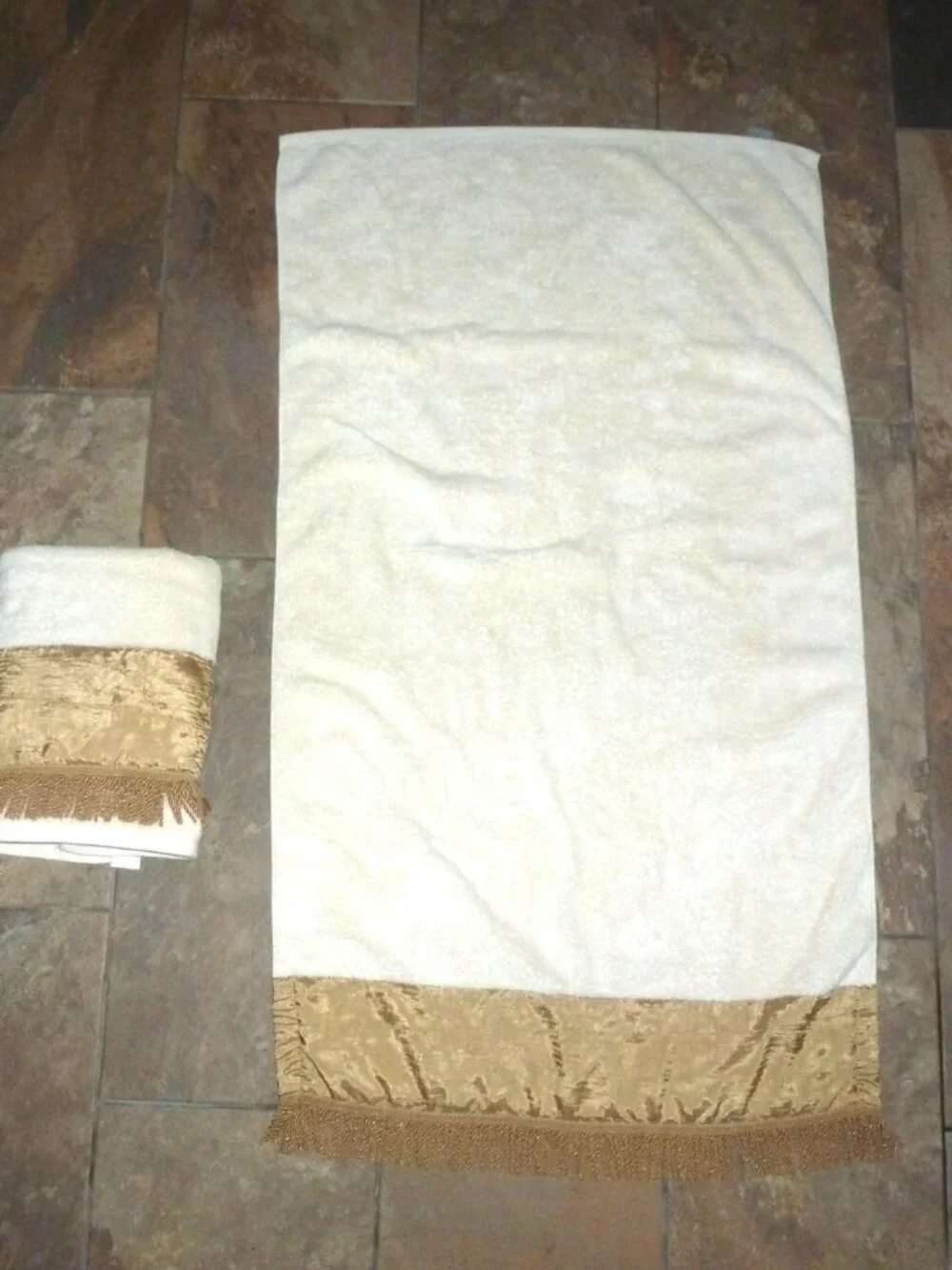 2 Croscill Home Creme Sateen Fabric EMBELLISHED Gold Fringe BATH TOWELS